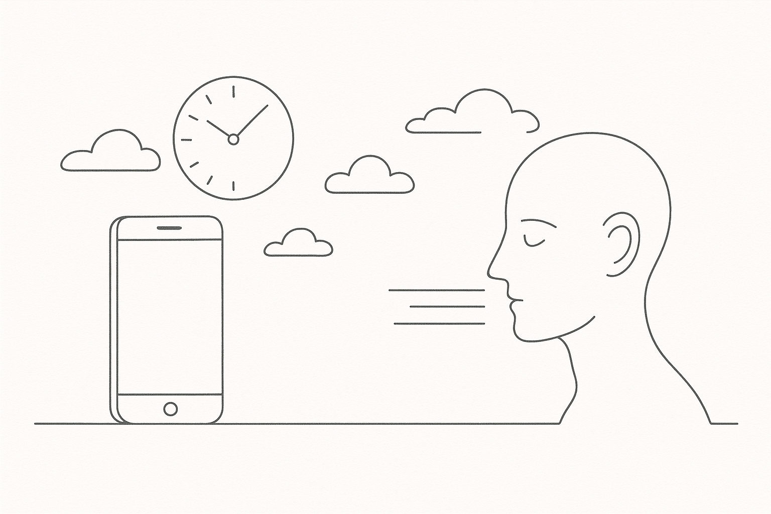 Ilustração minimalista de uma cabeça humana, um smartphone, um relógio e nuvens, simbolizando comunicação breve e o desafio da atenção em um mundo conectado e veloz.