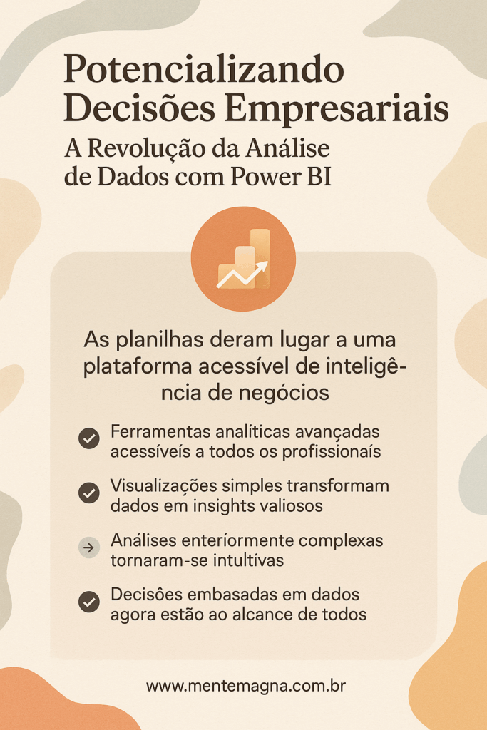 Infográfico destacando como o Power BI democratiza a análise de dados, substituindo planilhas tradicionais por uma plataforma intuitiva e acessível para profissionais de todas as áreas, com benefícios como análises simplificadas, decisões embasadas e visualizações eficazes.