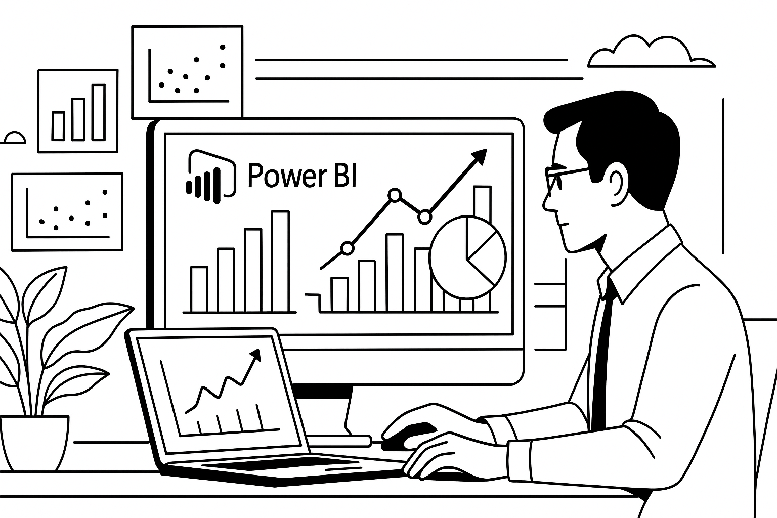 Profissional analisando gráficos em dois monitores usando Power BI, em ambiente de escritório minimalista, ilustrado em estilo line art preto e branco.