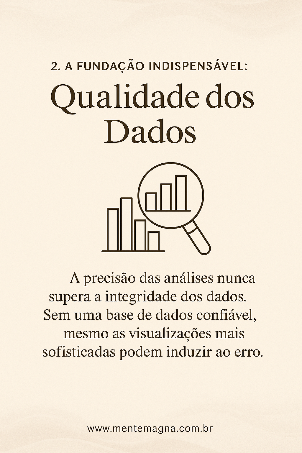 nfográfico ilustrando a importância da qualidade dos dados na análise empresarial, destacando que a precisão das conclusões depende diretamente da integridade dos dados, representado por um gráfico de barras inspecionado por uma lupa.