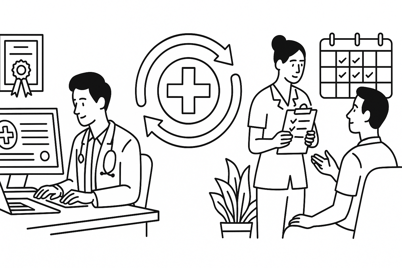 Ilustração em line art mostrando a integração entre tecnologia e atendimento humano na saúde pública: médico usando computador, profissional de saúde conversando com paciente e símbolo de fluxo médico no centro.