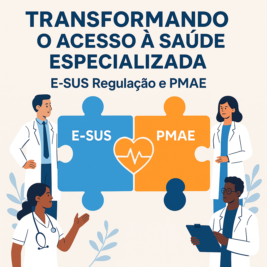 Infográfico ilustrando a integração entre o E-SUS Regulação e o PMAE na modernização do acesso à atenção especializada em saúde, representada por duas peças de quebra-cabeça se unindo, com profissionais da saúde ao redor e um ícone de batimento cardíaco ao centro.