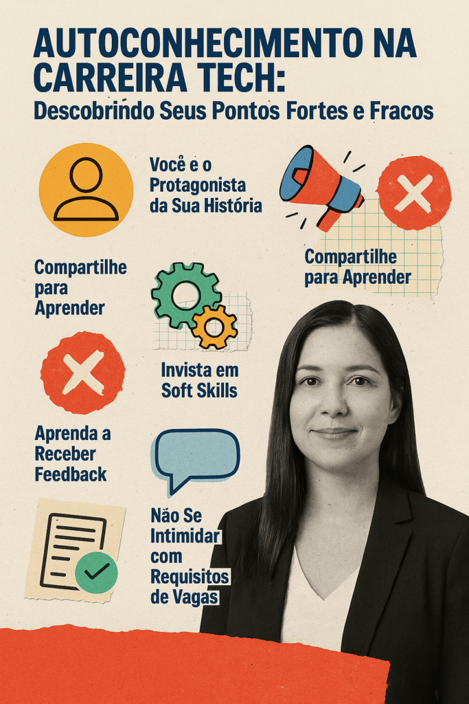 Infográfico em estilo de arte de colagem digital com fundo bege, destacando seis pontos essenciais para o desenvolvimento profissional na carreira tech, ao lado da imagem de uma mulher jovem em trajes formais.