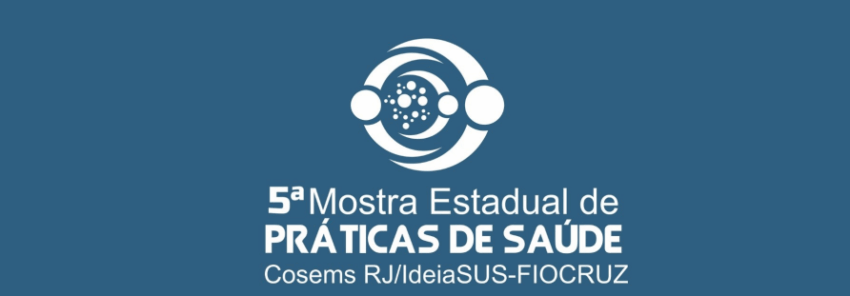 Logo da 5ª Mostra Estadual de Práticas de Saúde com símbolo circular representando conexões e colaboração, sobre fundo azul.