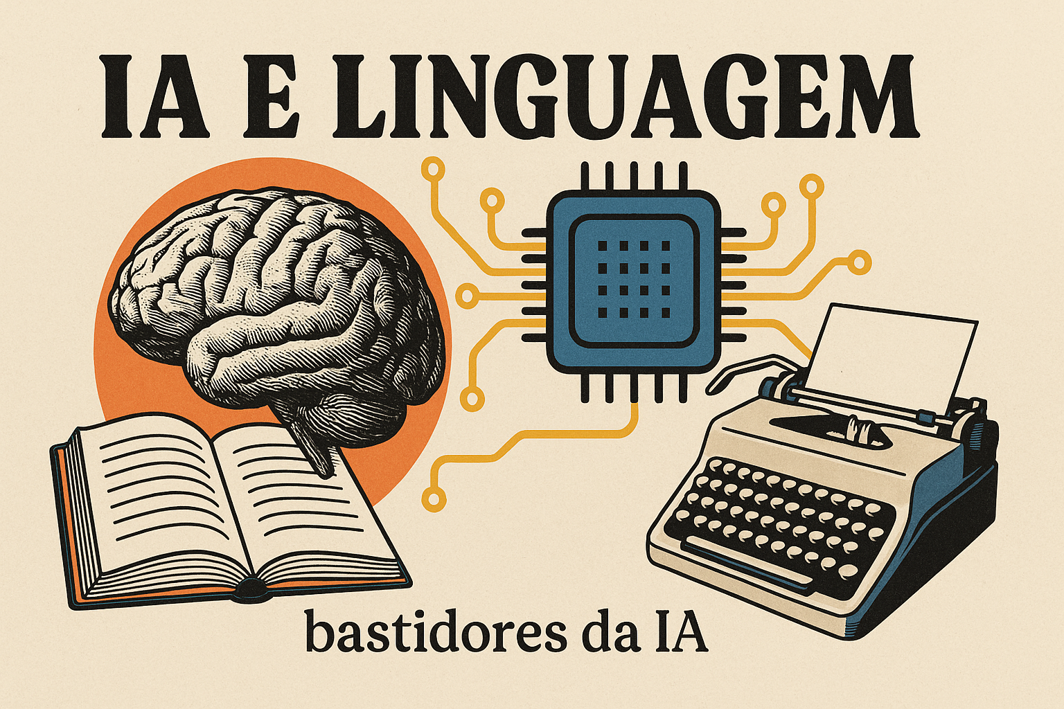 Colagem digital estilizada mostrando um cérebro, um chip eletrônico, um livro aberto e uma máquina de escrever, com o título "IA e Linguagem" e o subtítulo "bastidores da IA".