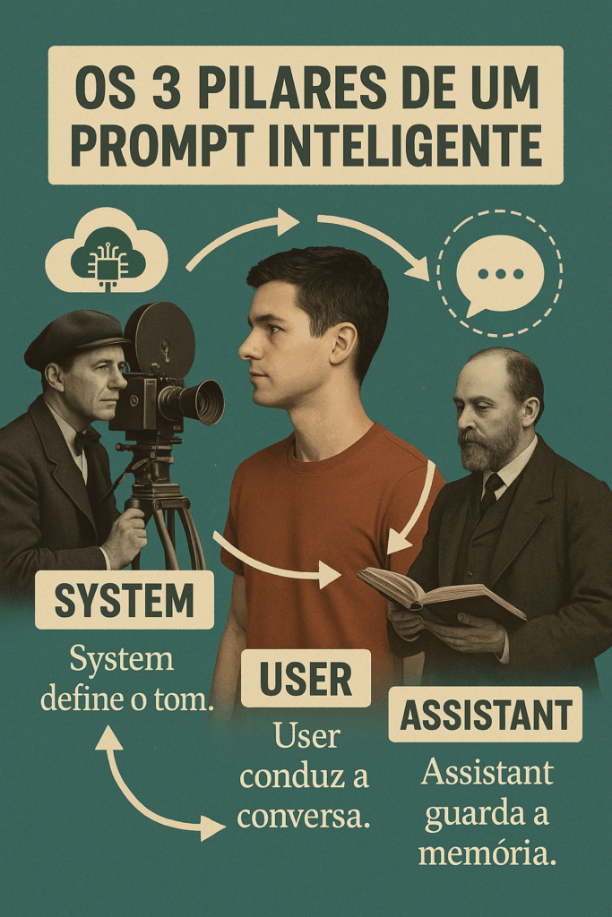 Infográfico em estilo colagem mostrando três personagens representando os componentes de um prompt: um diretor de cinema com a legenda "System – define o tom", um jovem com a legenda "User – conduz a conversa", e um homem com livro aberto com a legenda "Assistant – guarda a memória". O fundo é verde com setas interconectando os personagens.