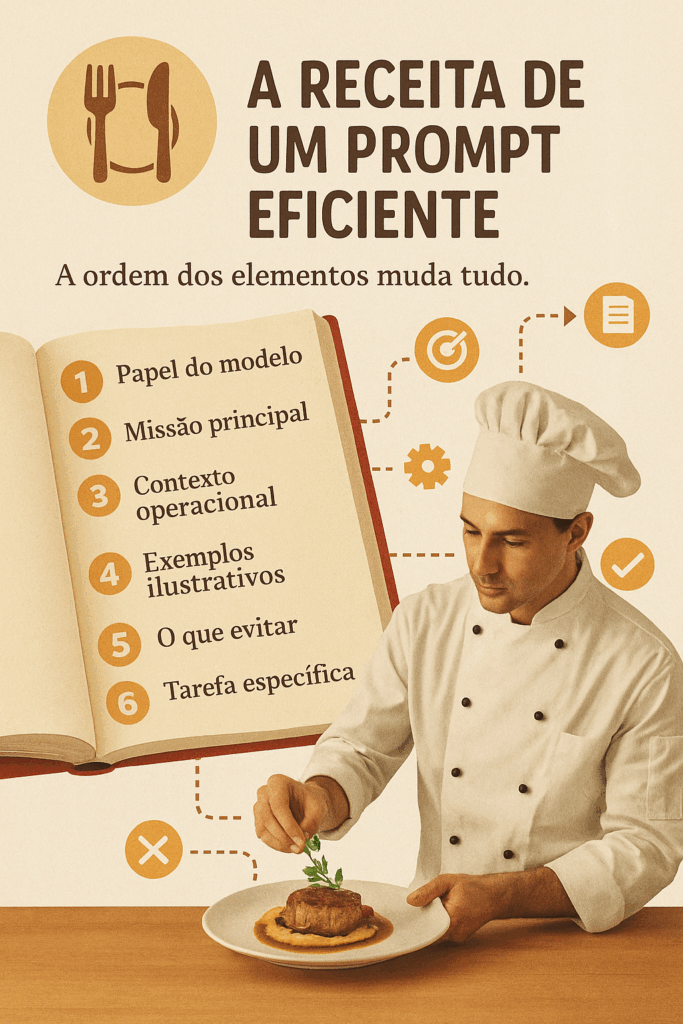 Infográfico em estilo colagem com tema culinário mostrando um chef montando um prato e, ao lado, um livro de receitas com a ordem ideal de um prompt: 1. Papel do modelo, 2. Missão principal, 3. Contexto operacional, 4. Exemplos ilustrativos, 5. O que evitar, 6. Tarefa específica. O fundo é bege claro com ícones que remetem a preparo e organização.
