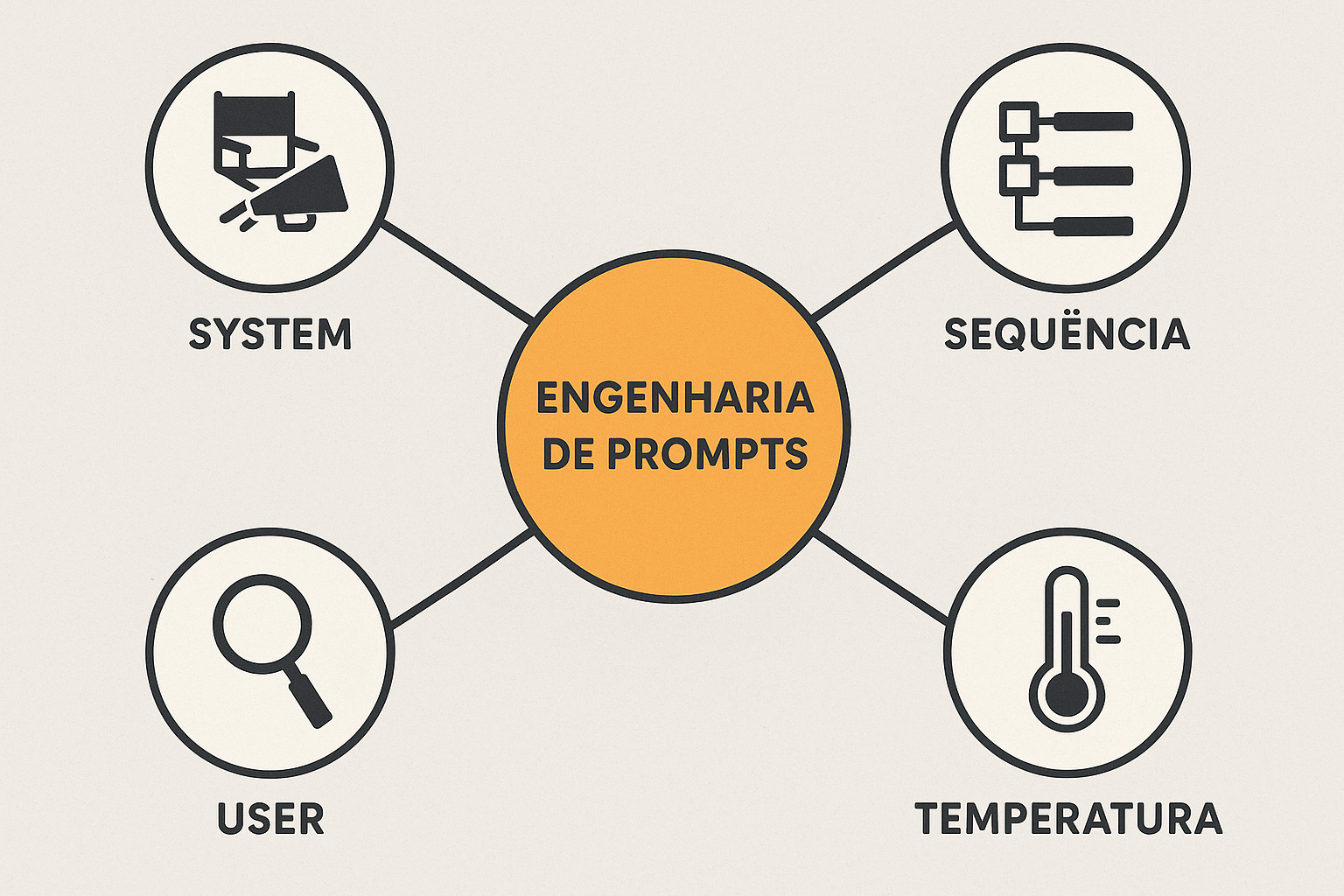 Mapa mental visual intitulado “Engenharia de Prompts”, com um círculo central laranja ligado a quatro círculos brancos com ícones e textos: “SYSTEM” com um ícone de diretor e megafone, “SEQUÊNCIA” com fluxograma, “USER” com lupa, e “TEMPERATURA” com termômetro. Fundo em tom bege e estilo gráfico limpo e moderno.