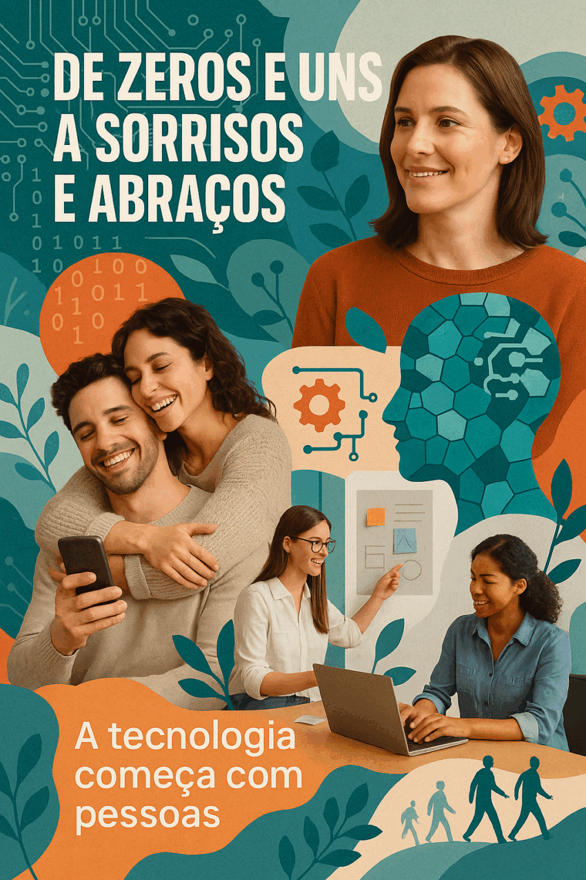 Colagem digital que mistura imagens de pessoas sorrindo e interagindo com tecnologia, com elementos gráficos como circuitos, folhas, silhuetas humanas e um cérebro digitalizado. Cores equilibradas entre tons quentes e frios. Textos integrados: "De Zeros e Uns a Sorrisos e Abraços" e "A tecnologia começa com pessoas".