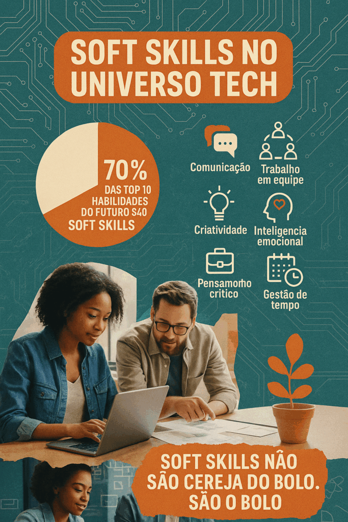 Infográfico em colagem digital sobre a importância das soft skills no setor tech. Mostra um gráfico de pizza indicando que 70% das 10 habilidades mais valorizadas do futuro são soft skills. Ícones representam: Comunicação, Trabalho em equipe, Criatividade, Inteligência emocional, Pensamento crítico e Gestão de tempo. Na parte inferior, uma frase de destaque: “Soft skills não são cereja do bolo. São o bolo.”