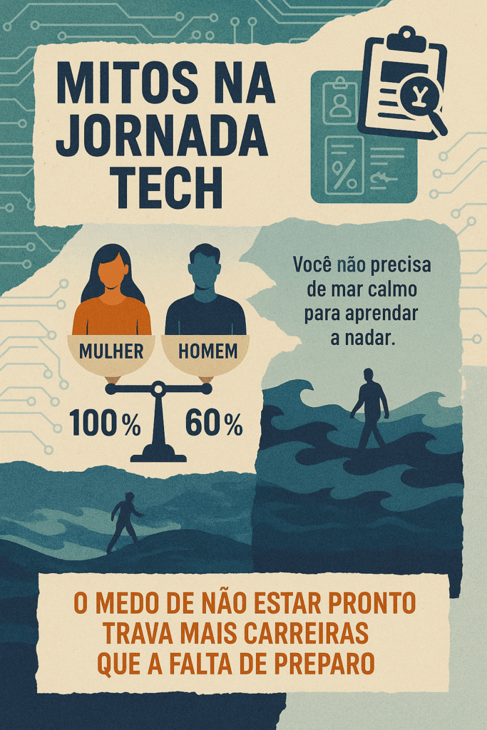 Infográfico em colagem digital sobre mitos na jornada tech. Mostra uma balança comparando mulher (100%) e homem (60%) com relação à autoconfiança para candidaturas. Ao lado, uma figura caminha sobre o mar com a frase: “Você não precisa de mar calmo para aprender a nadar.” Abaixo, a frase de destaque: “O medo de não estar pronto trava mais carreiras que a falta de preparo.”