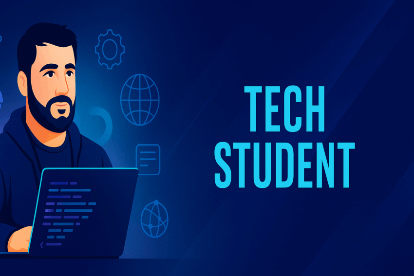Ilustração digital em estilo flat de um estudante de tecnologia usando notebook, cercado por ícones como engrenagem, globo e código, com fundo azul moderno e a frase "TECH STUDENT" à direita.